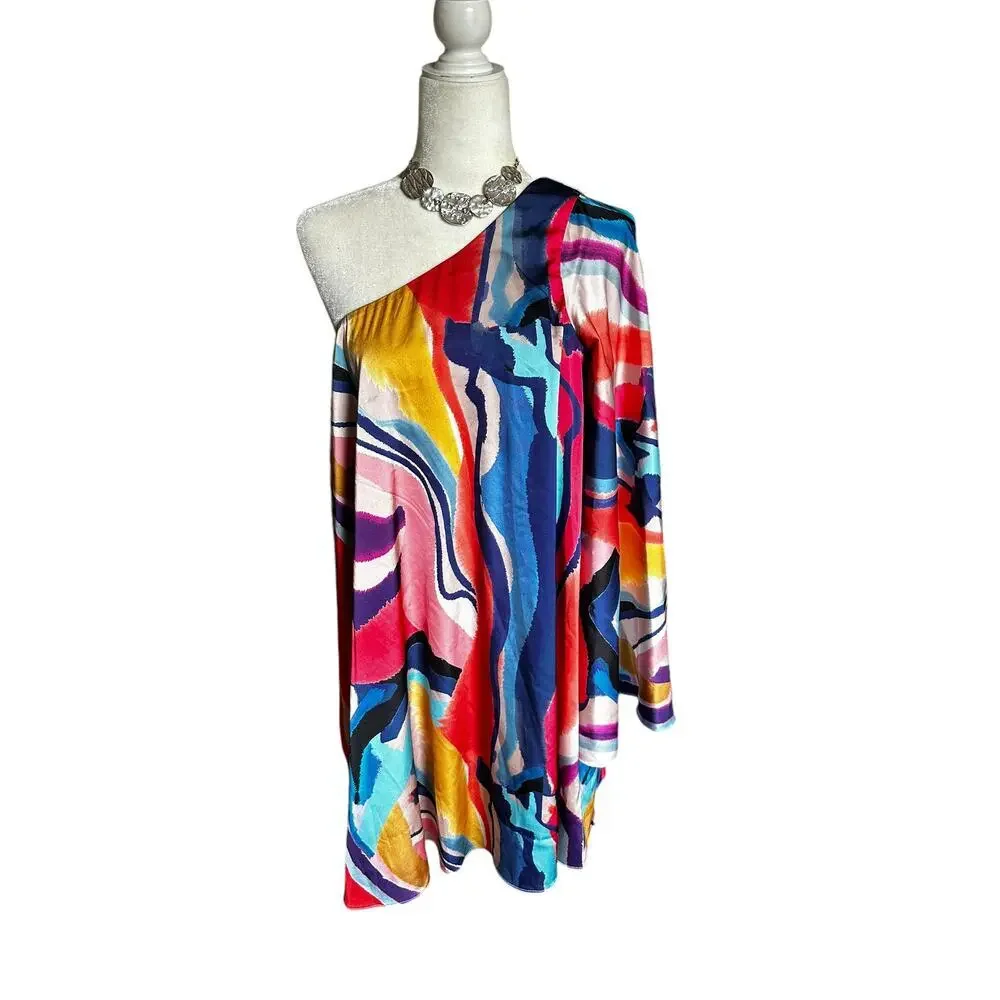 Anthropologie BHLDN Stevie One Shoulder Abstract Colors Dress - Size Large - Picture 3 of 7
